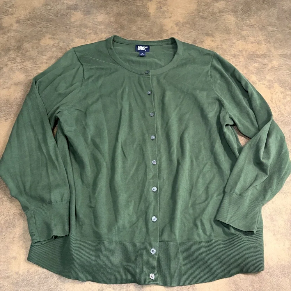 Lands End Cardigan Sweater Womens 1X Green Cotton Button Front 521759